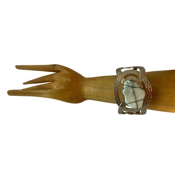 Hammered Gold-Tone Cuff Bracelet Matte Oval White Stone Boho Adjustable - Picture 1 of 11